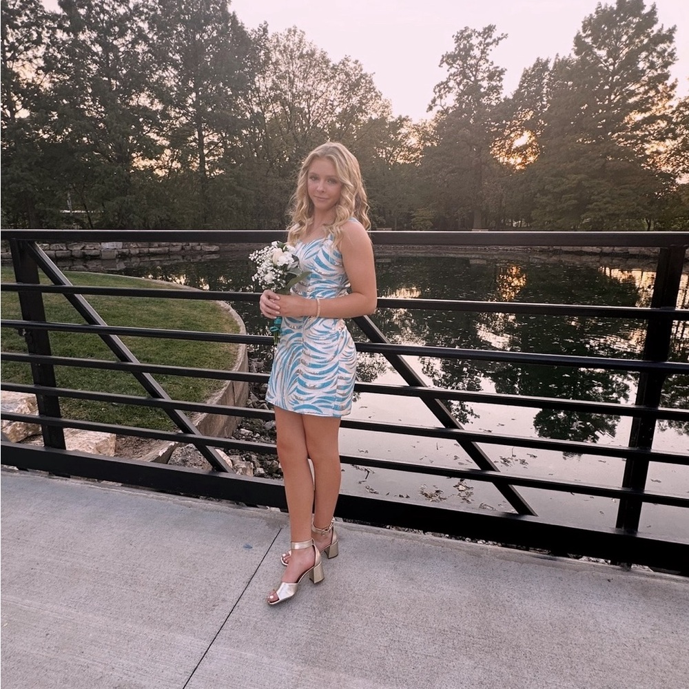 Lilly Pulitzer Gold and Teal Shimmer Mini Dress